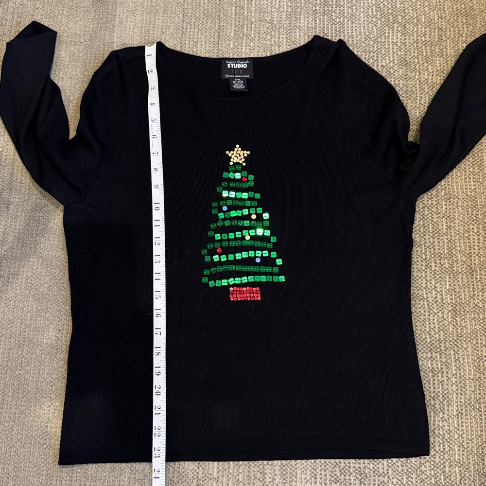 🌲CHRISTMAS KNIT 3/4 SLEEVE TOP W/BLACK TREE DESIGN - Sz XLP - STUDIO JOY - Picture 6 of 10